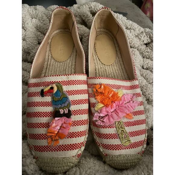 J.Crew Red Stripe Espadrilles Raffia Parrot Palm Tree Flats Vacation Cruise 8,5 - Picture 1 of 9